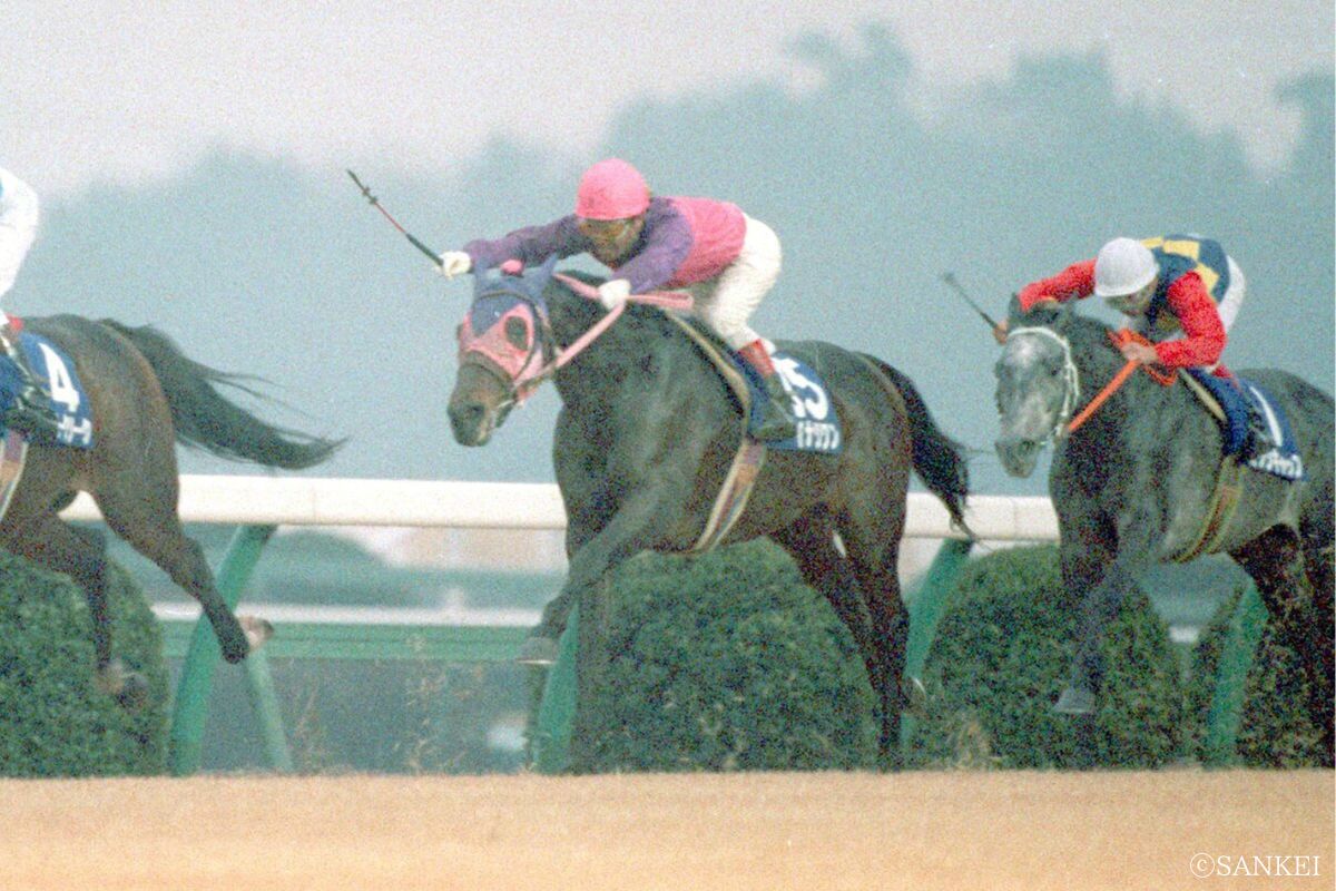 1989年有馬記念/1着イナリワン（桃帽）,5着オグリキャップ（白帽）