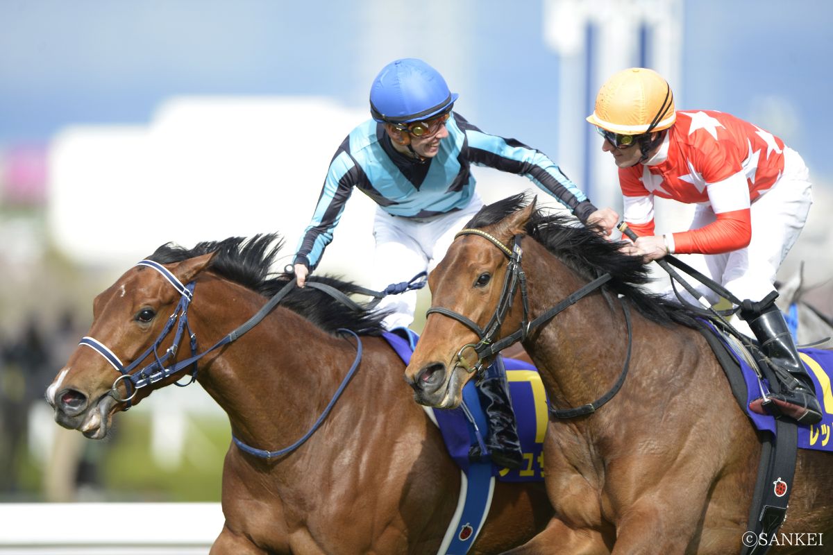 2013年桜花賞を制したアユサン（写真左）、2着レッドオーヴァル（写真右）