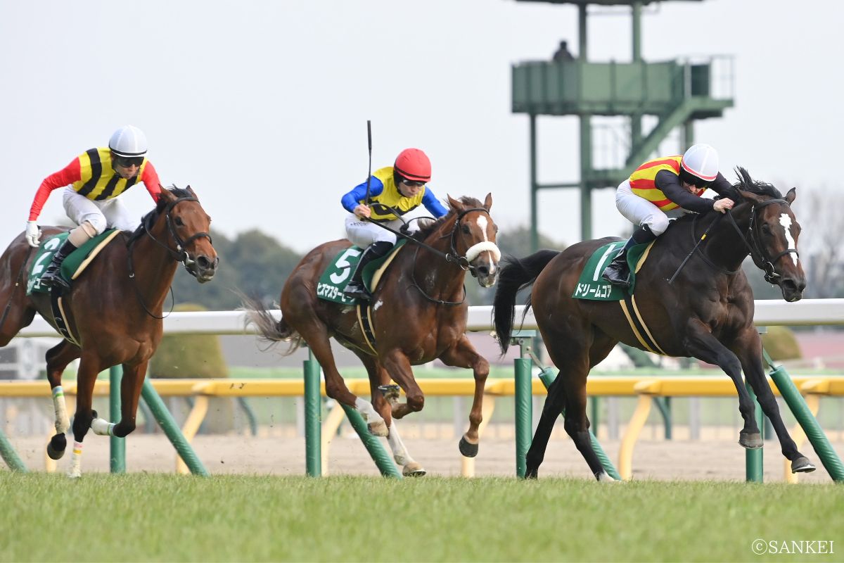 2026年クイーンC/1着ドリームコア(右・白帽),2着ジッピーチューン(左・白帽),3着ヒズマスターピース （中央・赤帽）